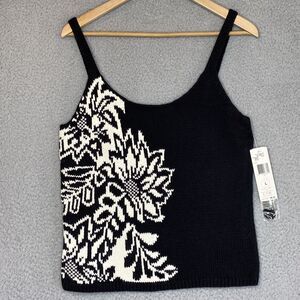 New Jones New York Hand Knit Womens L Sweater Cami Top Black Ivory Floral Boho